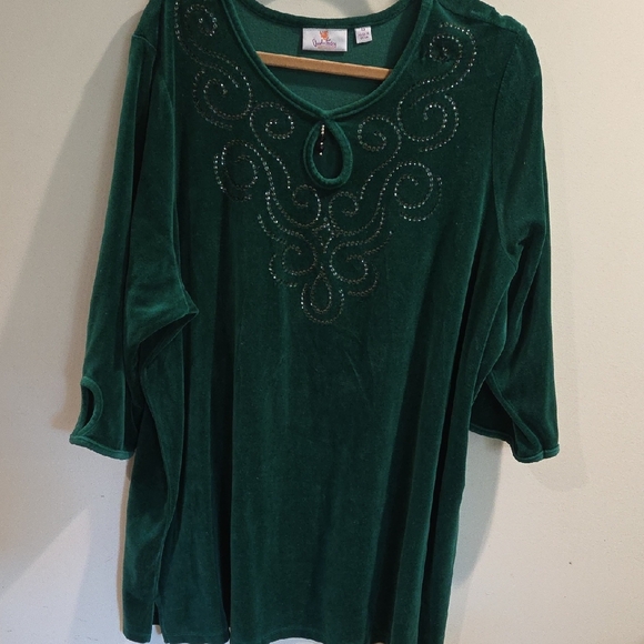 Quacker Factory Tops - Quacker Factory Green Velvet Tunic with Swirl Embellishments